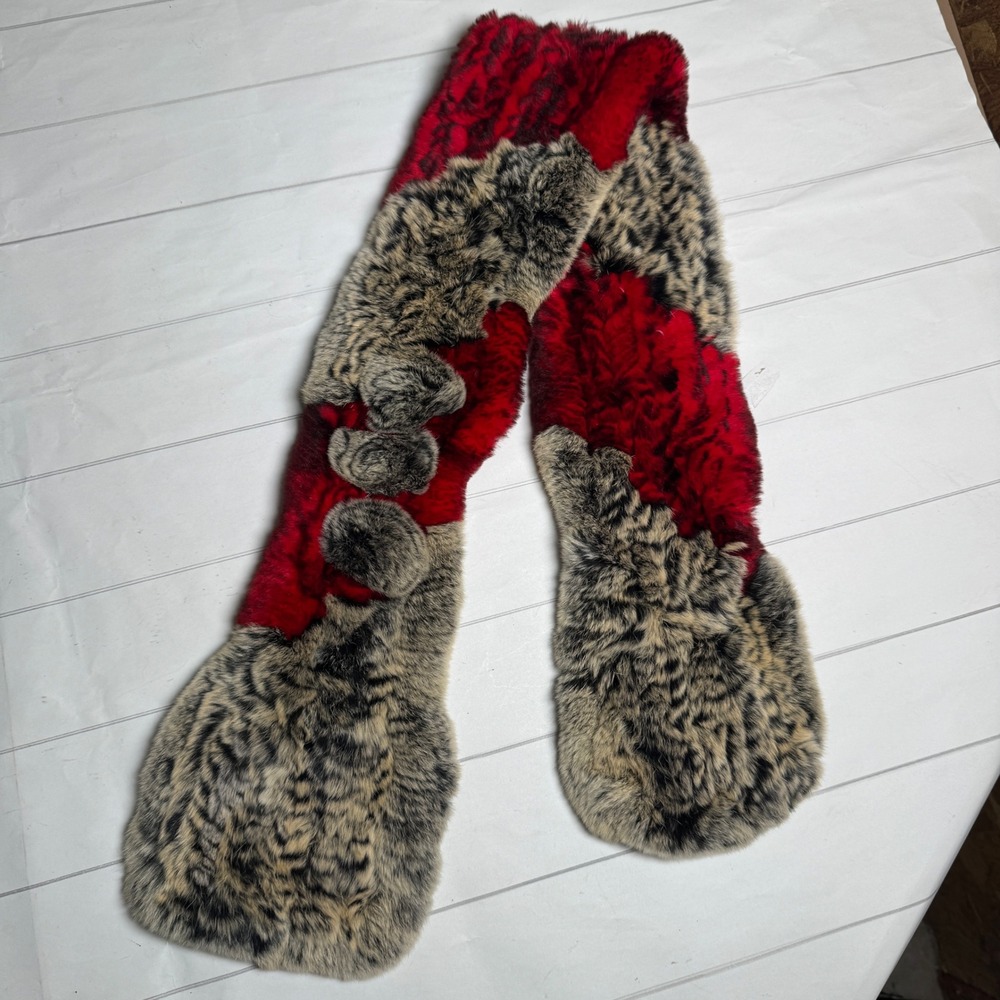 Faux Fur Scarf Red/Brown Super Soft Winter Preppy Glam Fashion Diva Accessory - Picture 2 of 2